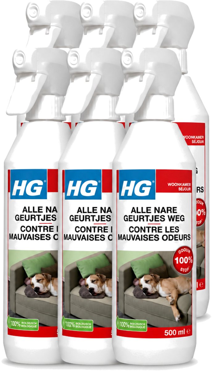 6 x HG - Alle Nare Geurtjes Weg Spray - Elimineert Stankmoleculen - Biologisch - 500 ml - Voordeelverpakking - 6 stuks