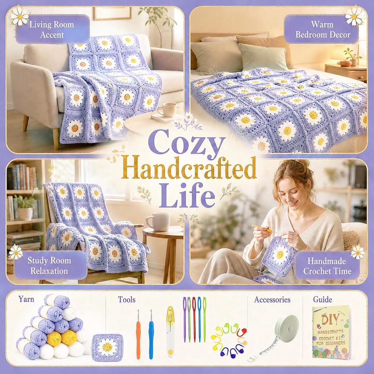 Granny Square Deken-haakset voor beginners, haakset voor madeliefjes, deken, Granny Square haakkaarten, haakset met haaknaald, haakgaren, stapsgewijze video-handleiding (blauw)
