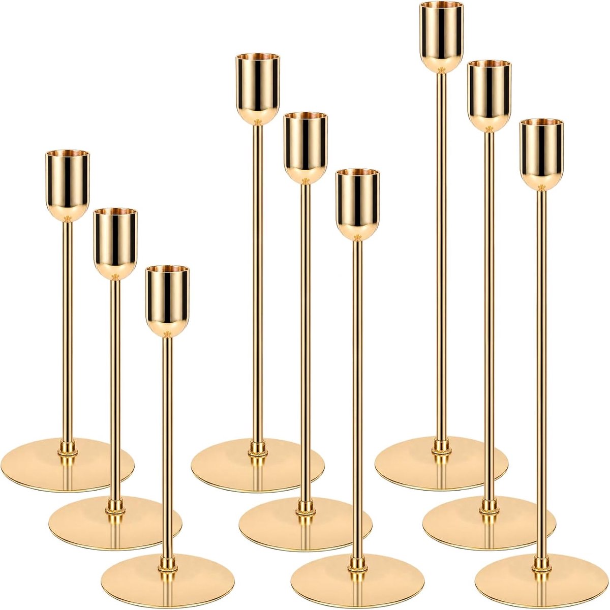 Set van 9 Kandelaars, Gouden Kandelaars in 3 Hoogtes 18/23/28cm
