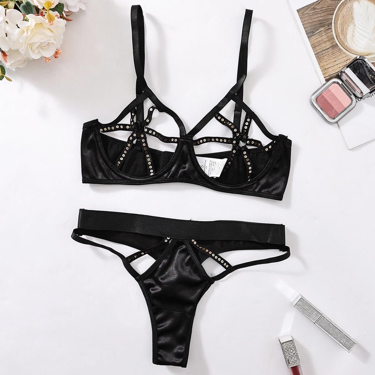 Open beha lingerie sexy holle kralen pailletten beha set dames balconette beha met beugel open lingerie lichaam harnas holle beha met strass O-ring ondergoed sexy outfit