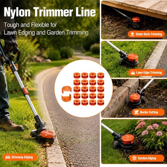 20 Stuks Grastrimmerspoel, Grastrimmer draadspoelen, Compatibel met WORX WG-Serie, 18 Voorgewikkelde Spoelen met Trimmerdraad 1,65 mm 3 m en 2 Spoelafdekkingen voor Gazonranden en Tuinonderhoud — afbeelding 5