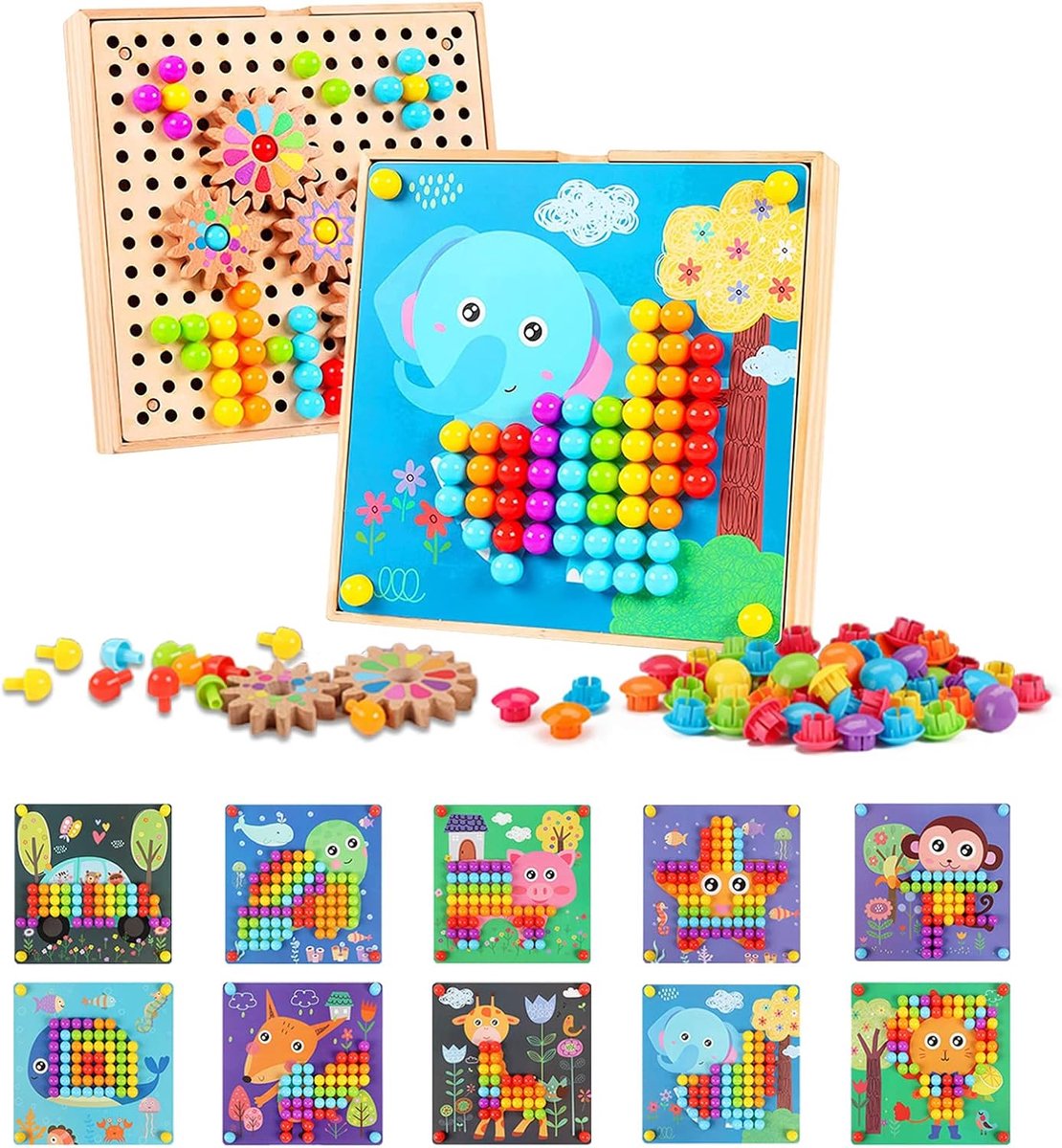 Mozaïek steekspel 3d met tandwielen, paddenstoelnagels, puzzel, speelgoed, gekleurd steekbordspel, educatief steekspel voor 2, 3, 4, 5 kinderen, puzzelspeelgoed voor jongens, meisjes en