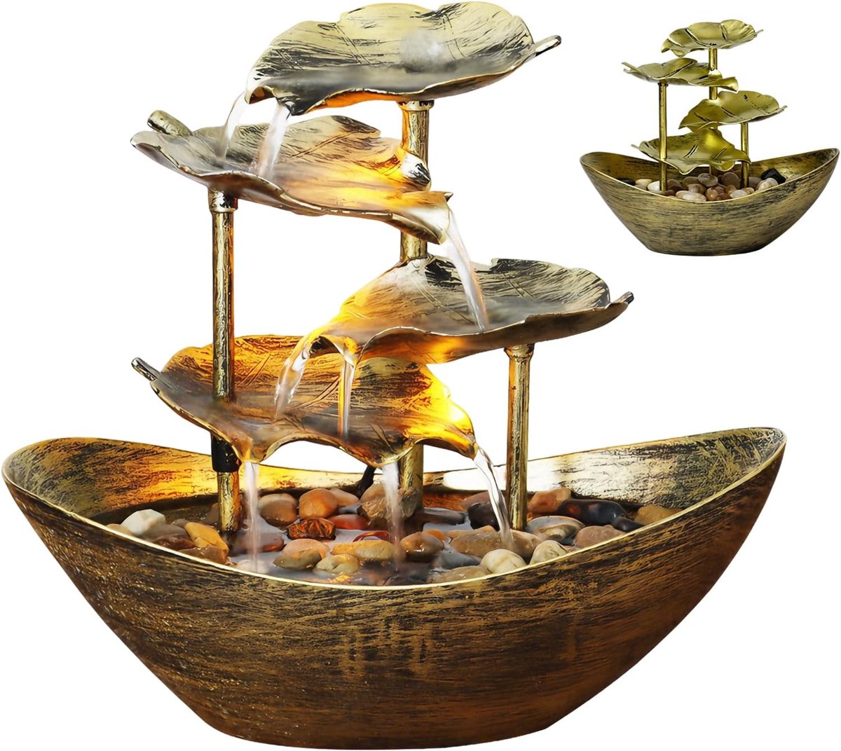Tafelfontein voor binnen, lotusblad-fontein-ornamenten, metalen Zen tafeldecoratie met ledlampen, voor decoratie van huis, kantoor, slaapkamer