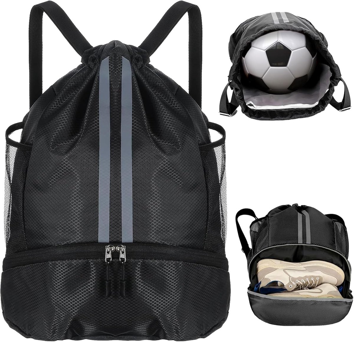 Ruime gymtas met trekkoord, licht en robuust, met apart schoenenvak, voor reizen, yoga, wandelen, zwemmen, training (zwart)
