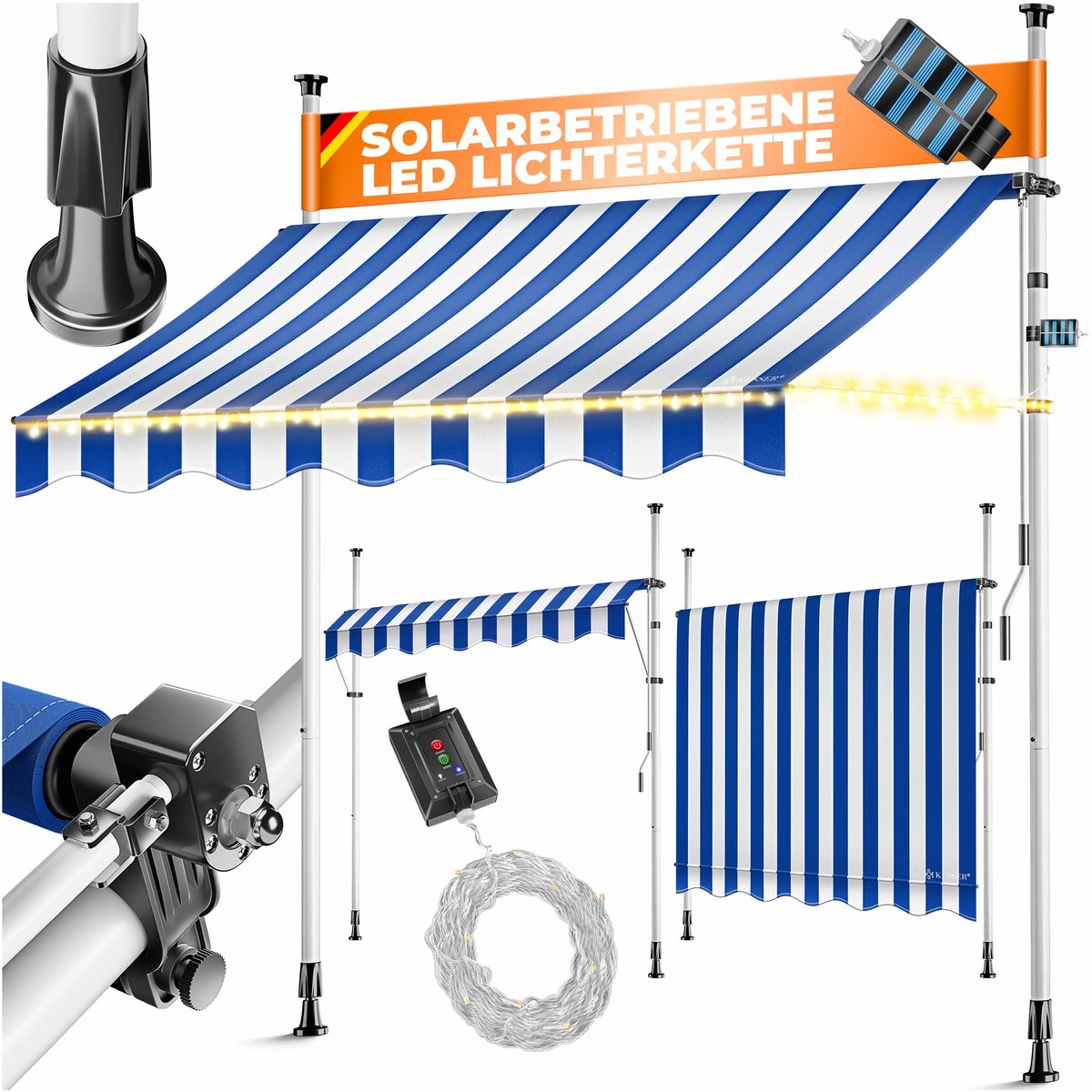 KESSER® Klemluifel met LED-lichtsnoer - Balkonluifel zonder boren met handslinger - 400 x 180 cm - Blauw/Wit