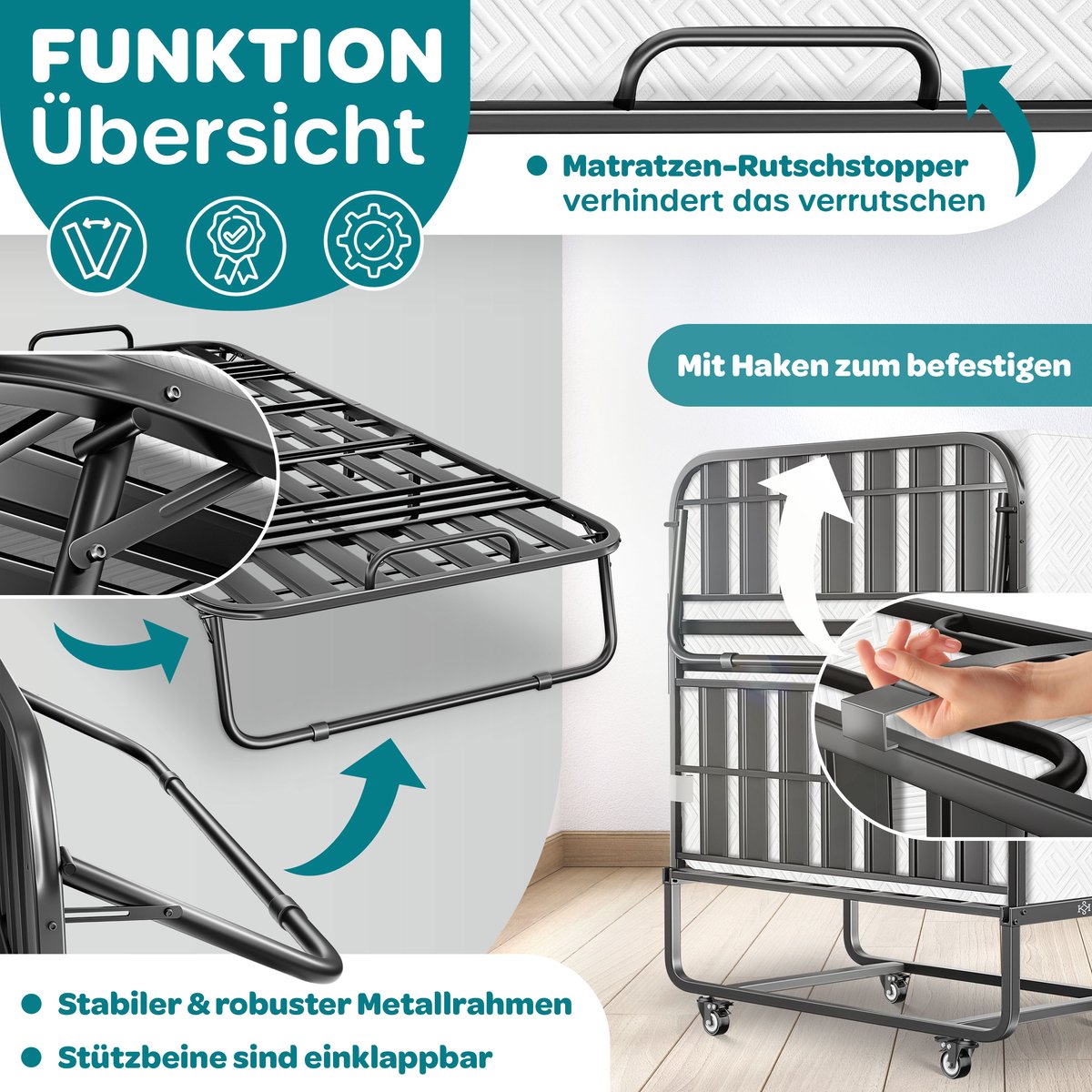KESSER® Opklapbed 200 x 90 cm - Logeerbed met traagschuimmatras - Tot 250 kg - Wit Premium Komfort thumbnail 4