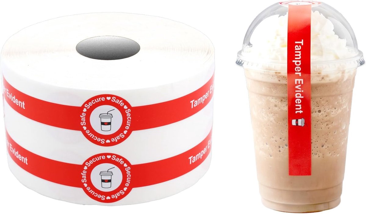 500 Stuks Verzegelde Stickers voor Drankdeksels, 19x1,2cm Veiligheidsstickers voor Voedselbezorging Verzegelingslabels met Fraudebestendige Sluiting Melkthee Ijs Koffie en Afhaalbekers