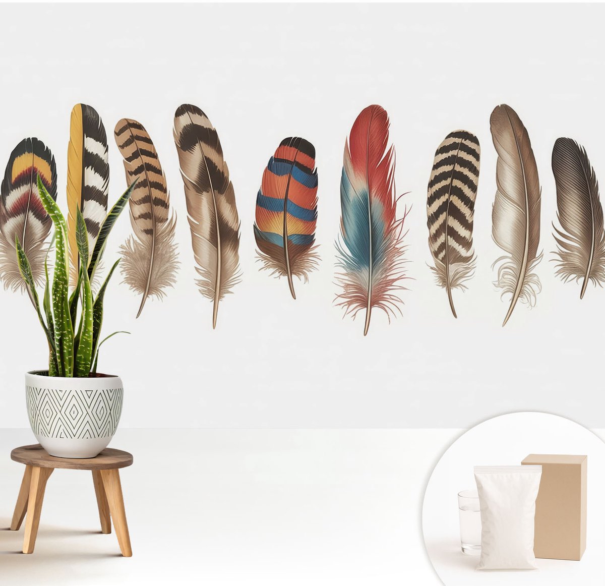 Wallfluent Fotobehang - Bruin Vliesbehang - 208x146 cm - Kleurrijke Veren Fotobehang Vlies - Hal behang Abstractie - Muurschildering - Woonkamer behang