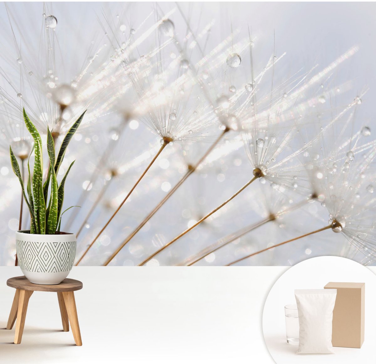 Wallfluent Fotobehang - Wit Vliesbehang - 208x146 cm - Roze Paardenbloem Fotobehang Vlies - Woonkamer behang Bloemen En Planten - Muurschildering - Hal behang