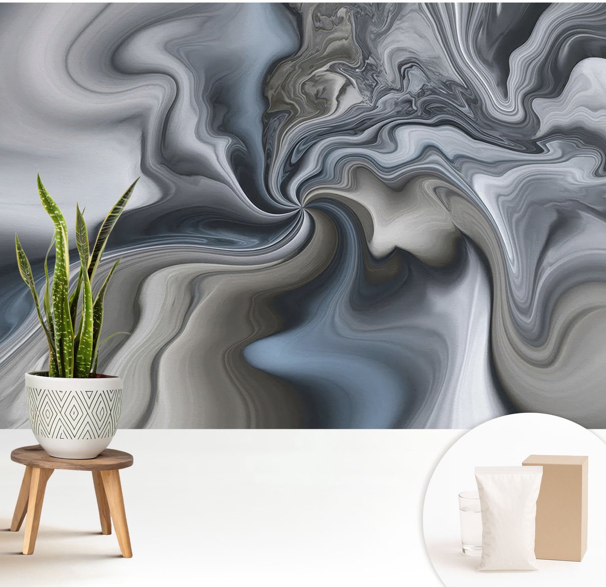 Wallfluent Fotobehang - Grijs Vliesbehang - 208x146 cm - Wervelende Wolken Muurschildering - Gang behang Abstractie - Fotobehang Vlies - Slaapkamer behang
