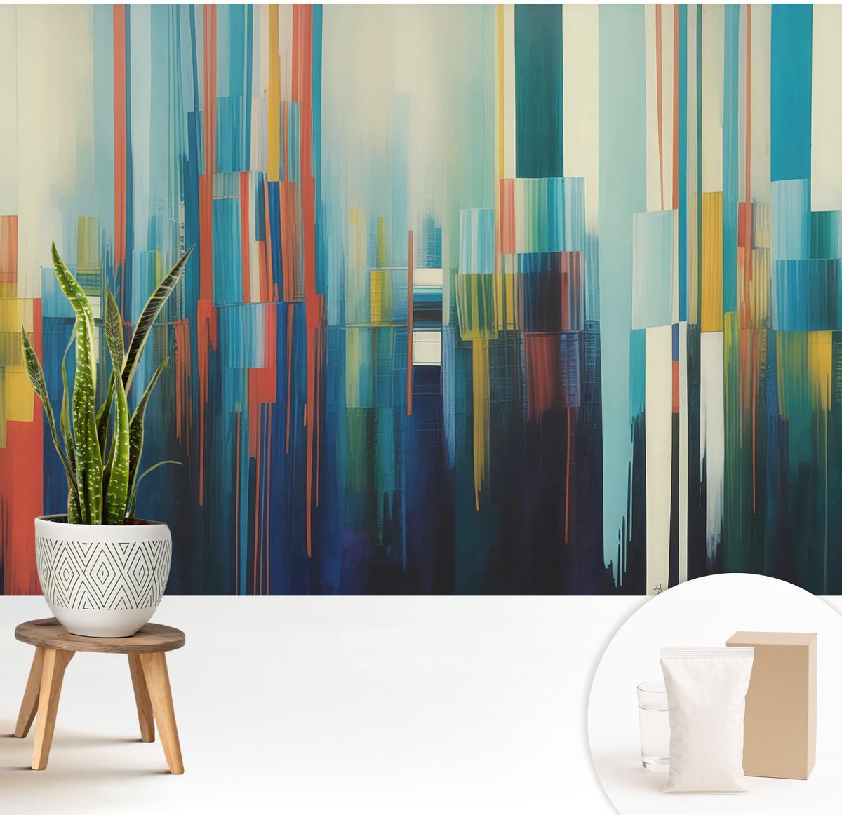 Wallfluent Fotobehang - Blauw Vliesbehang - 208x146 cm - Abstracte Strepen Fotobehang Vlies - Woonkamer behang Abstractie - Muurschildering - Woonkamer behang