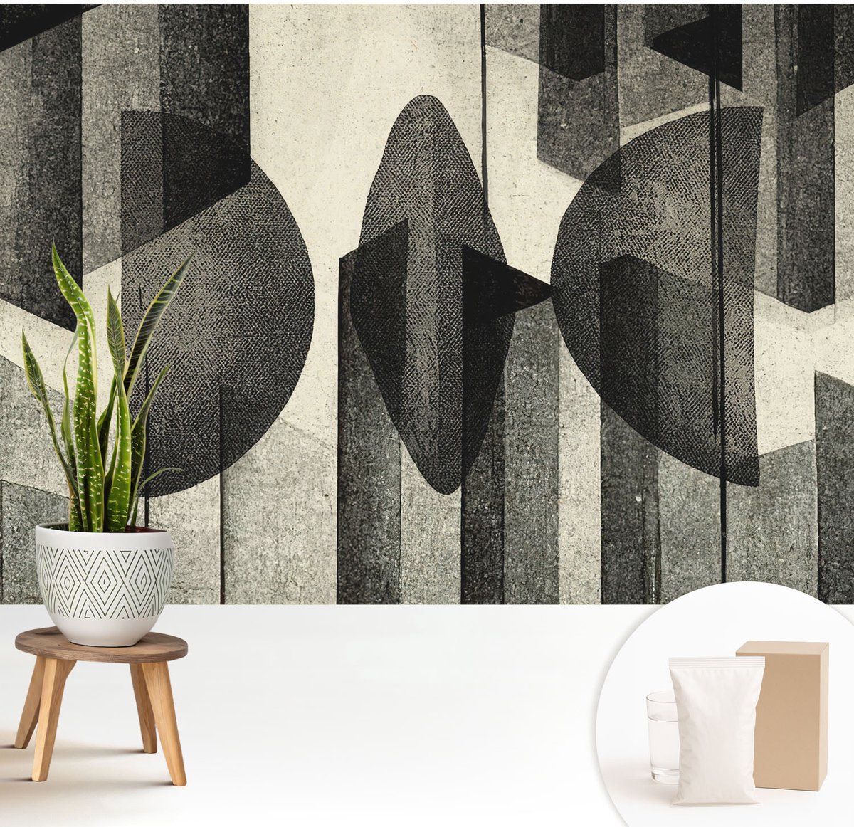 Wallfluent Fotobehang - Zwart Vliesbehang - 208x146 cm - Geometrische Vormen Muurschildering - Slaapkamer behang Abstractie - Fotobehang Vlies - Slaapkamer behang
