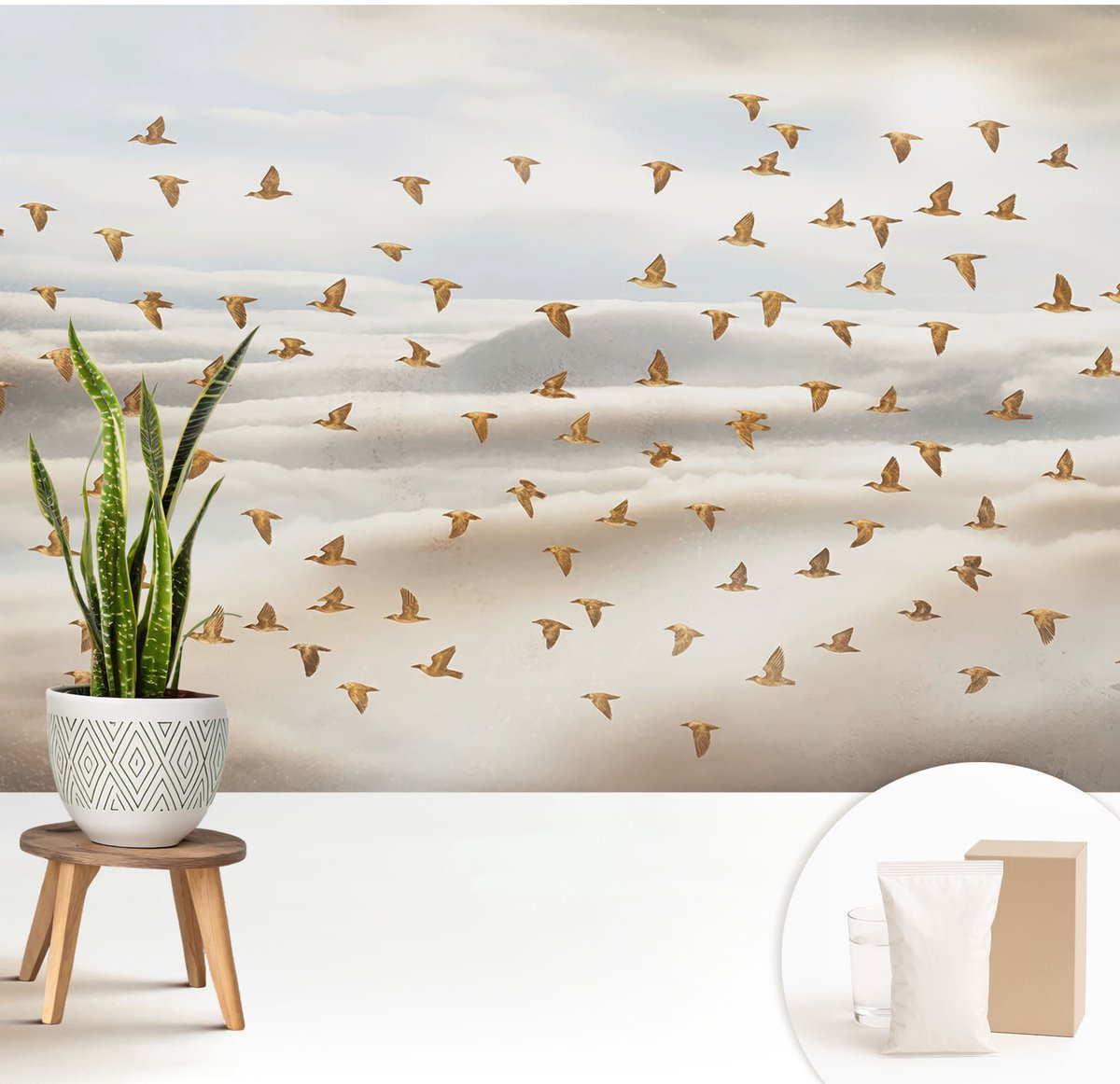 Wallfluent Fotobehang - Beige Vliesbehang - 208x146 cm - Vogels In Vlucht Muurschildering - Slaapkamer behang Dieren - Fotobehang Vlies - Slaapkamer behang