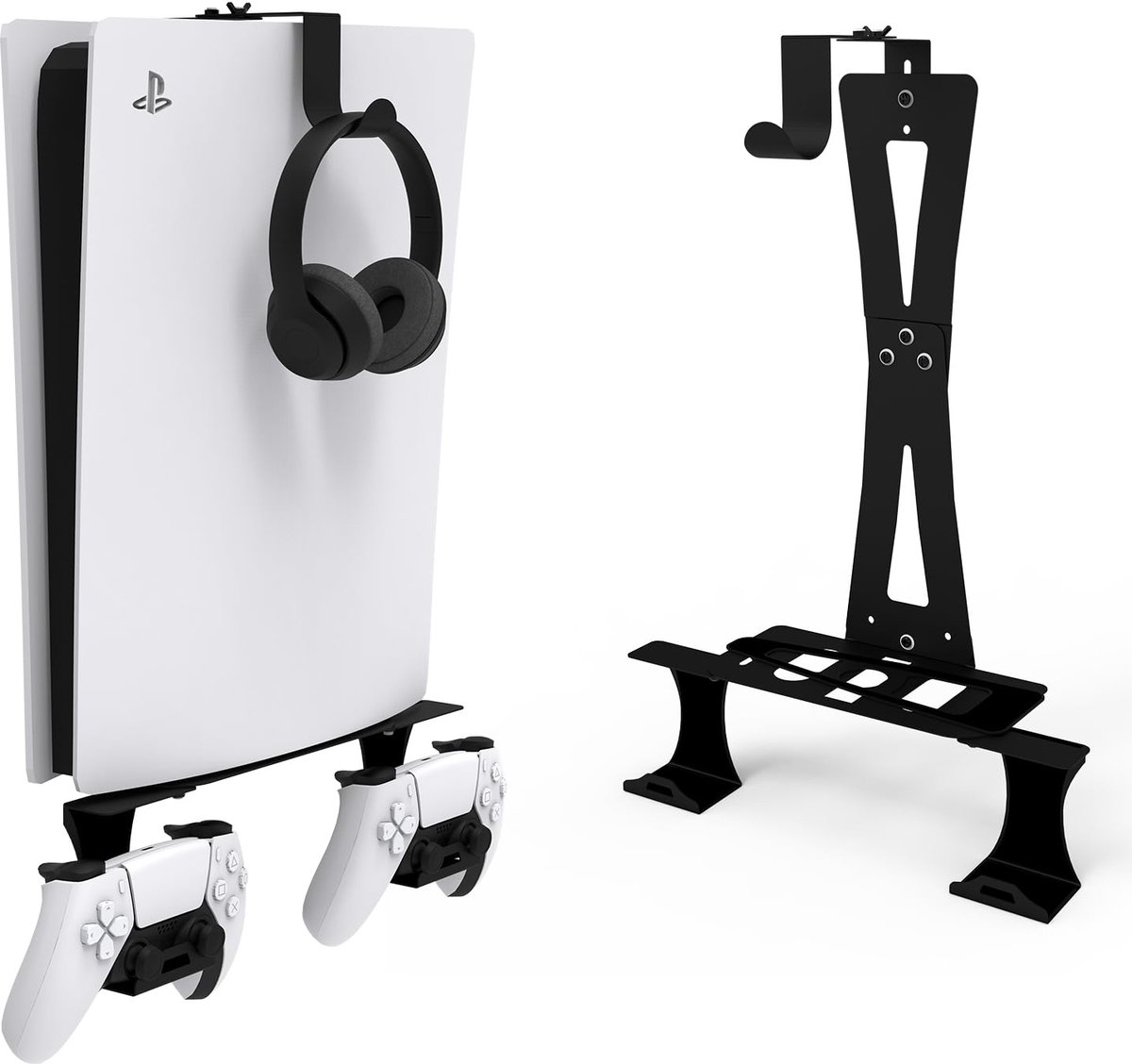 SnelShoppen - Wandhouder voor PS5/PS5 Slim/PS5 Pro met Controller- en Hoofdtelefoonhouder - Massief Metaal - Zwart - Ruimtebesparende Accessoires voor