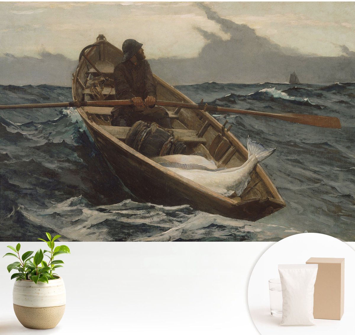 Wallfluent Fotobehang - Grijs Vliesbehang - 104x70 cm - Visser Op Zee Muurschildering - Slaapkamer behang Landschappen - Fotobehang Vlies - Gang behang