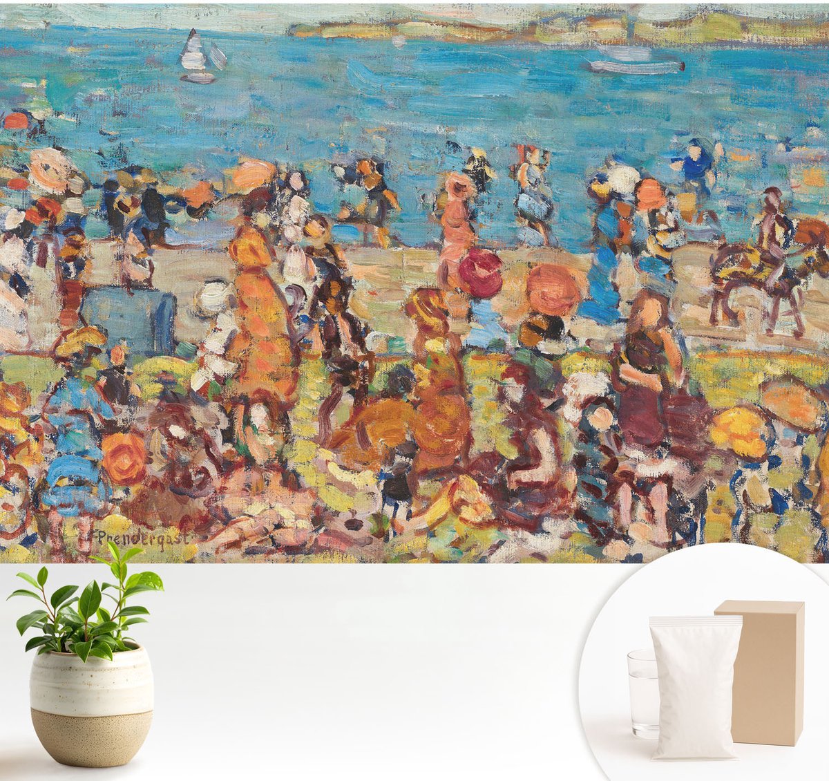 Wallfluent Fotobehang - Blauw Vliesbehang - 104x70 cm - Strandscène Muurschildering - Gang behang Mensen - Fotobehang Vlies - Slaapkamer behang