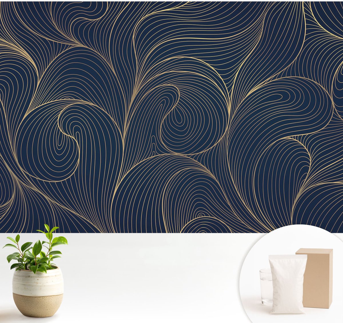 Wallfluent Fotobehang - Marine Vliesbehang - 104x70 cm - Golvend Motief Muurschildering - Slaapkamer behang Abstractie - Fotobehang Vlies - Gang behang