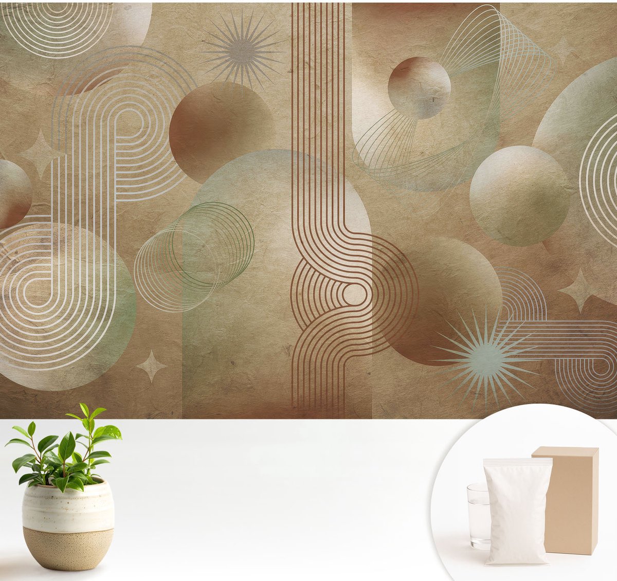 Wallfluent Fotobehang - Beige Vliesbehang - 104x70 cm - Geometrisch Patroon Fotobehang Vlies - Hal behang Abstractie - Muurschildering - Hal behang