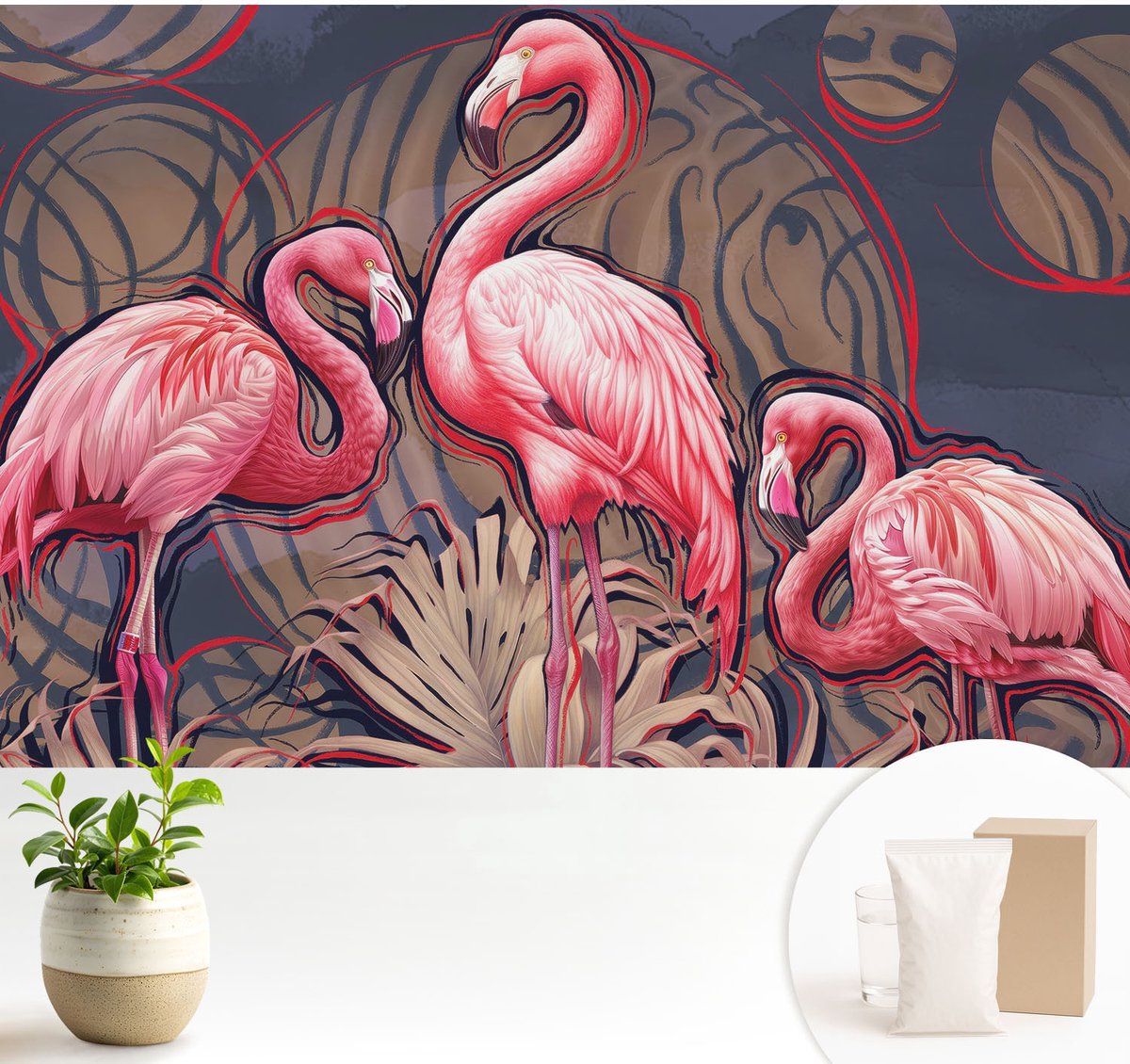 Wallfluent Fotobehang - Roze Vliesbehang - 104x70 cm - Roze Flamingo'S Muurschildering - Gang behang Dieren - Fotobehang Vlies - Slaapkamer behang