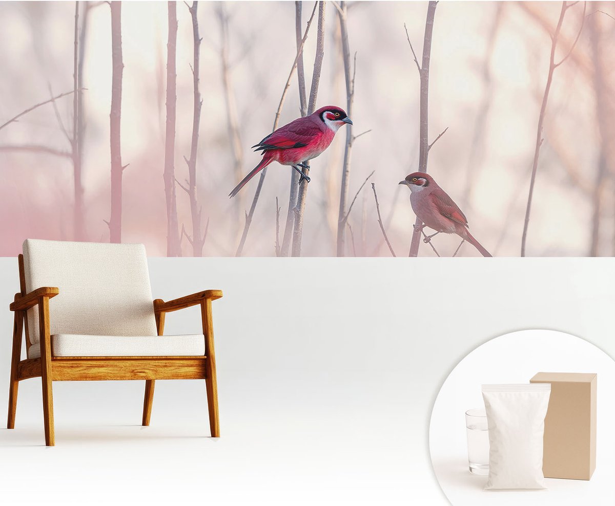 Wallfluent Fotobehang - Roze Vliesbehang - 250x104 cm - Vogelpaar Muurschildering - Gang behang Dieren - Fotobehang Vlies - Gang behang