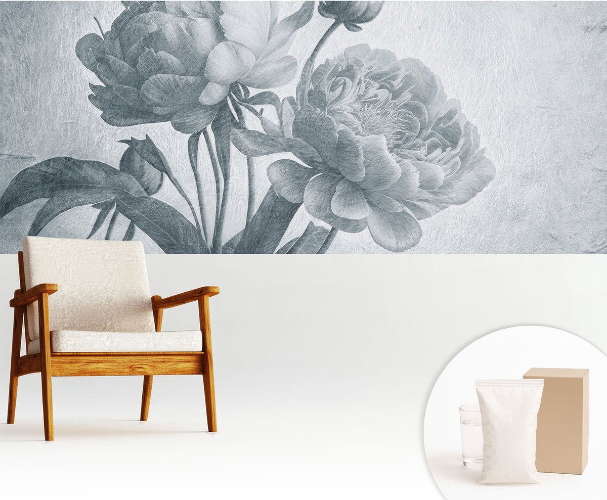 Wallfluent Fotobehang - Grijs Vliesbehang - 250x104 cm - Bloemenchic Muurschildering - Gang behang Bloemen En Planten - Fotobehang Vlies - Slaapkamer behang