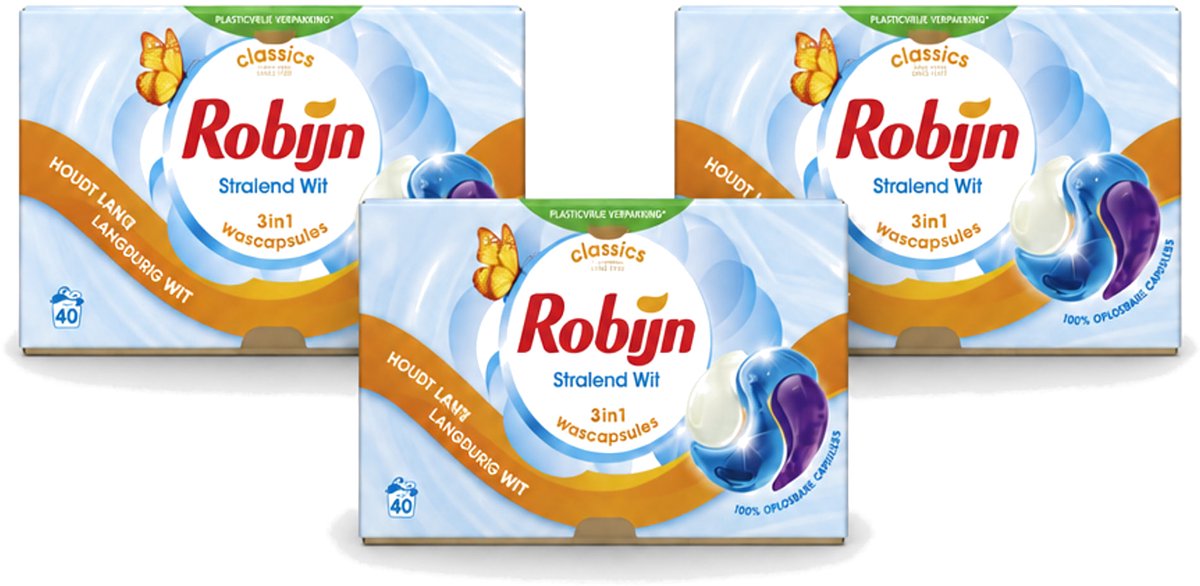 3 x Robijn - Stralend Wit - 3-in-1 Wascapsules - Houdt Langdurig Wit - 40 Wascapsules - Voordeelverpakking - 3 stuks