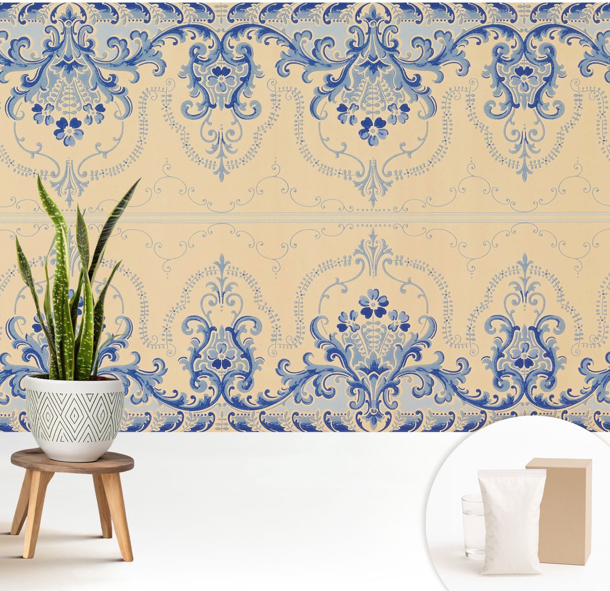 Wallfluent Fotobehang - Beige Vliesbehang - 208x146 cm - Blauwe Ornamenten Fotobehang Vlies - Woonkamer behang Achtergronden En Patronen - Muurschildering - Woonkamer behang