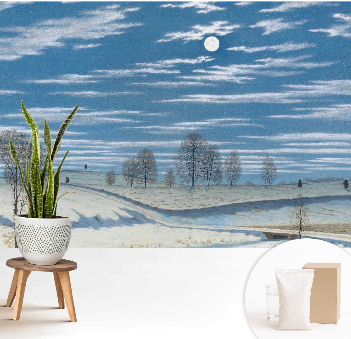Wallfluent Fotobehang - Blauw Vliesbehang - 208x146 cm - Winterlandschap Fotobehang Vlies - Woonkamer behang Landschappen - Muurschildering - Woonkamer behang