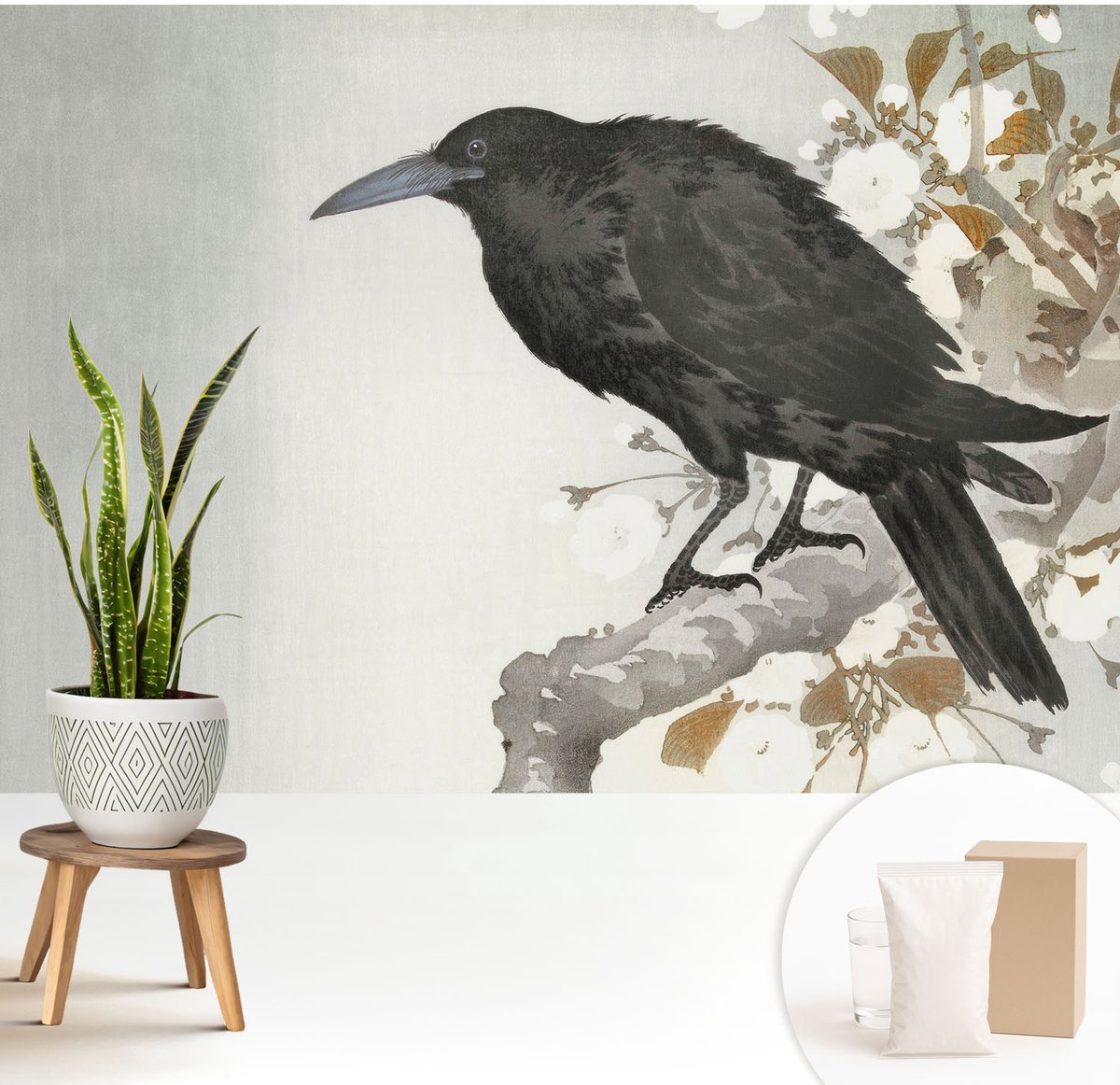 Wallfluent Fotobehang - Zwart Vliesbehang - 208x146 cm - Raaf In De Bloemen Muurschildering - Gang behang Dieren - Fotobehang Vlies - Slaapkamer behang