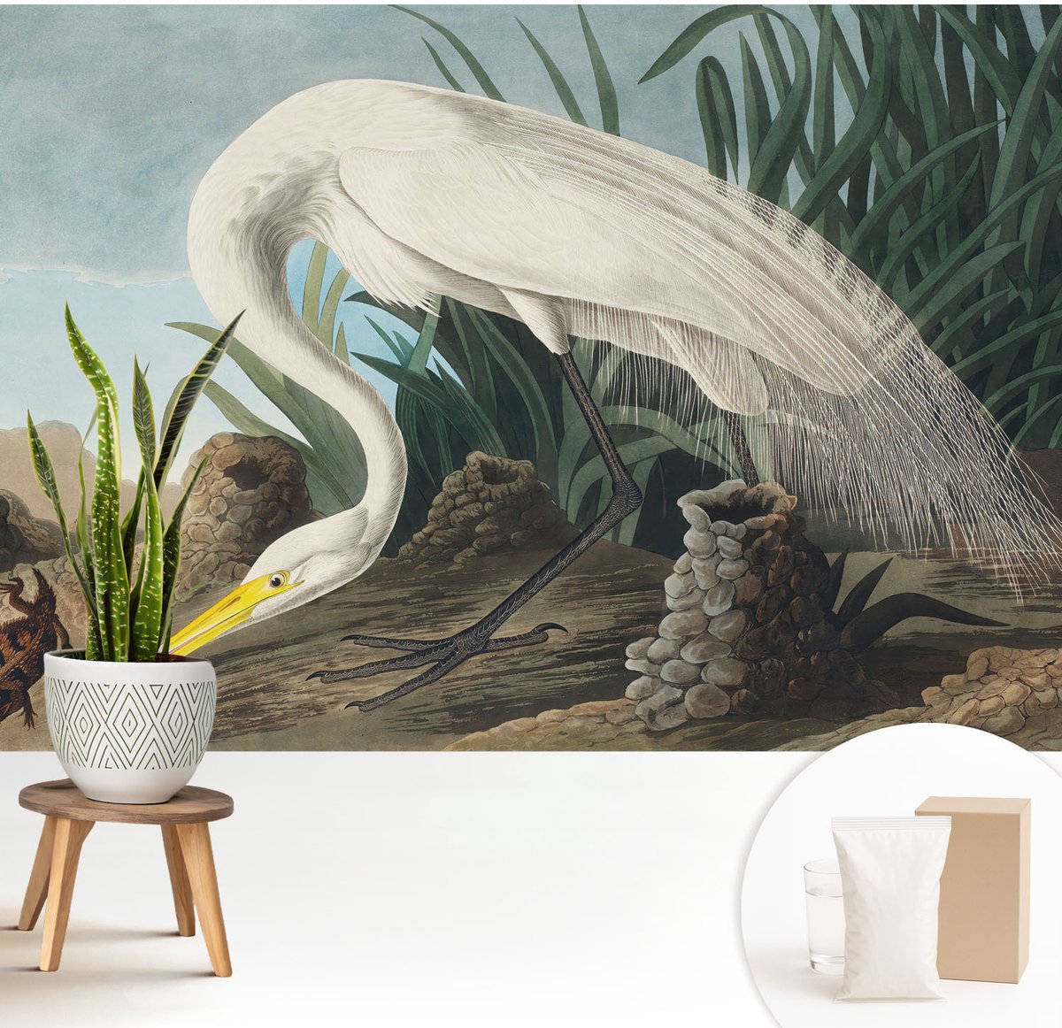 Wallfluent Fotobehang - Wit Vliesbehang - 208x146 cm - Majestueuze Reiger Fotobehang Vlies - Woonkamer behang Dieren - Muurschildering - Hal behang