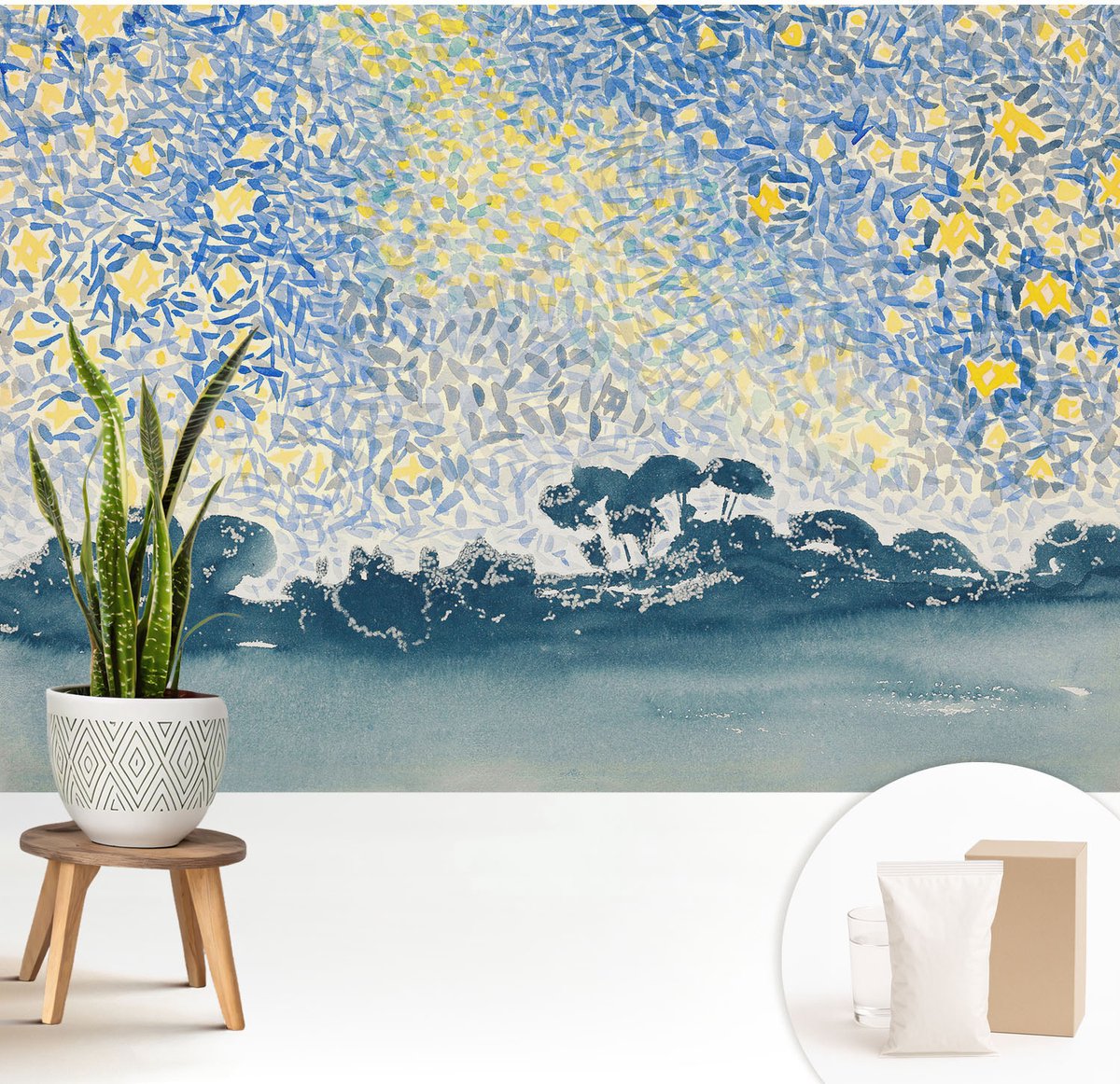 Wallfluent Fotobehang - Blauw Vliesbehang - 208x146 cm - Sterabstractie Fotobehang Vlies - Hal behang Landschappen - Muurschildering - Hal behang