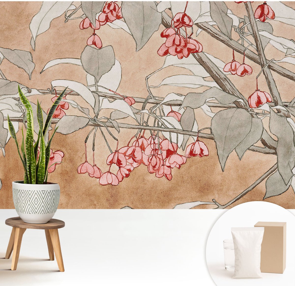 Wallfluent Fotobehang - Bruin Vliesbehang - 208x146 cm - Bloemenharmonie Fotobehang Vlies - Woonkamer behang Bloemen En Planten - Muurschildering - Woonkamer behang