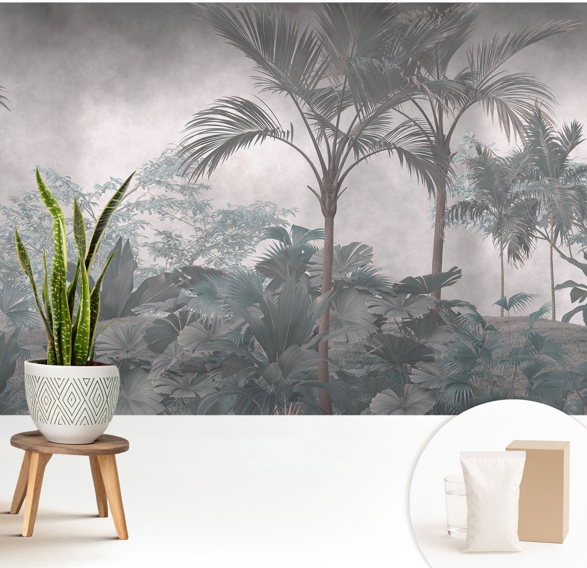 Wallfluent Fotobehang - Grijs Vliesbehang - 208x146 cm - Exotische Natuur Muurschildering - Gang behang Bloemen En Planten - Fotobehang Vlies - Slaapkamer behang