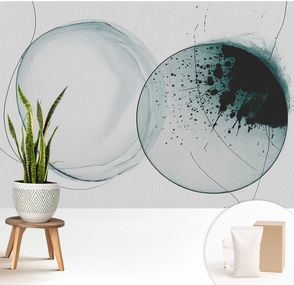 Wallfluent Fotobehang - Wit Vliesbehang - 208x146 cm - Groene Cirkels Muurschildering - Gang behang Abstractie - Fotobehang Vlies - Gang behang