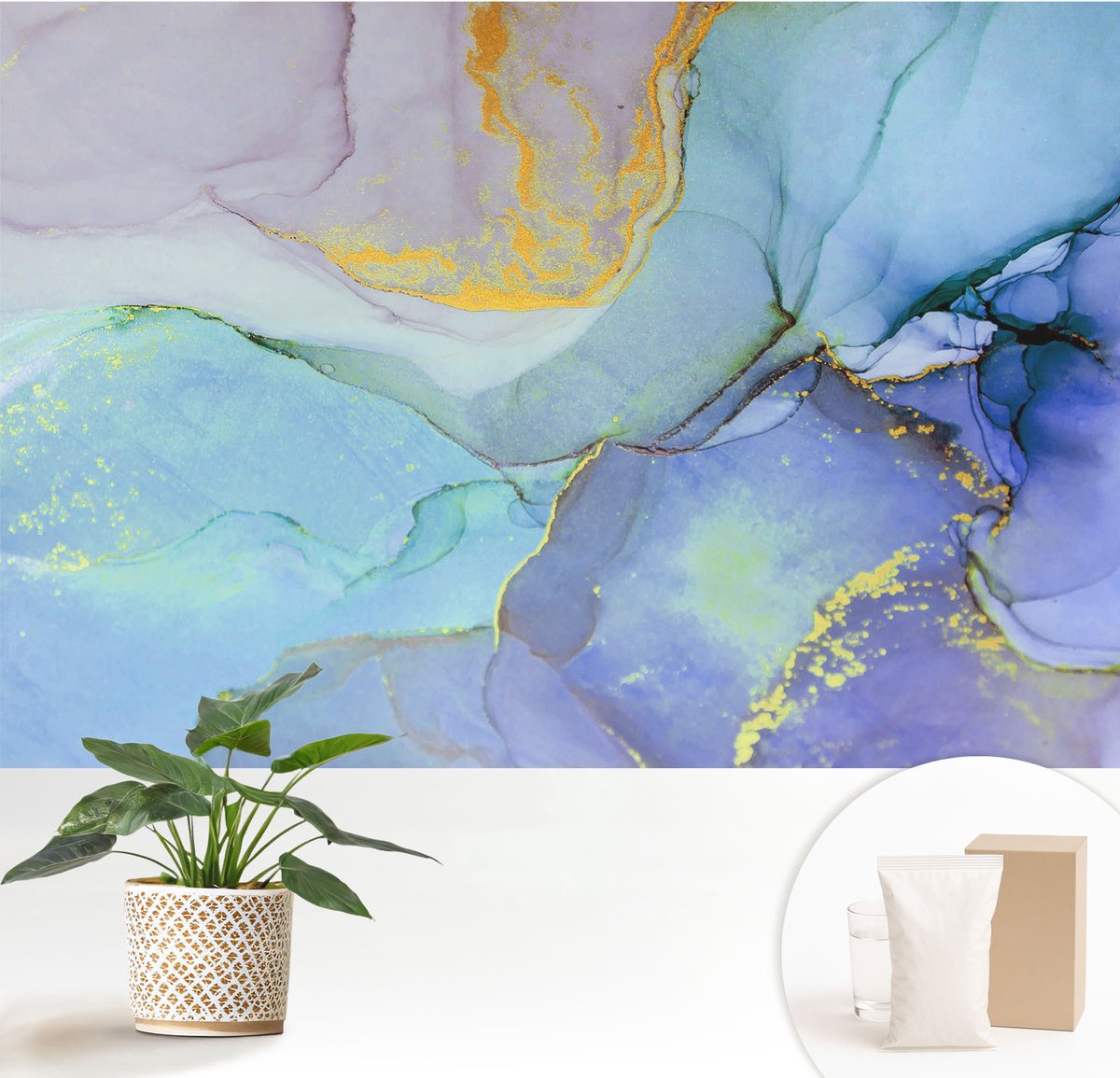 Wallfluent Fotobehang - Blauw Vliesbehang - 152x104 cm - Aquarelvormen Fotobehang Vlies - Woonkamer behang Abstractie - Muurschildering - Hal behang