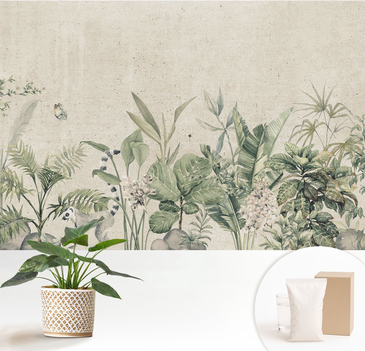 Wallfluent Fotobehang - Beige Vliesbehang - 152x104 cm - Tropische Jungle Fotobehang Vlies - Woonkamer behang Bloemen En Planten - Muurschildering - Hal behang
