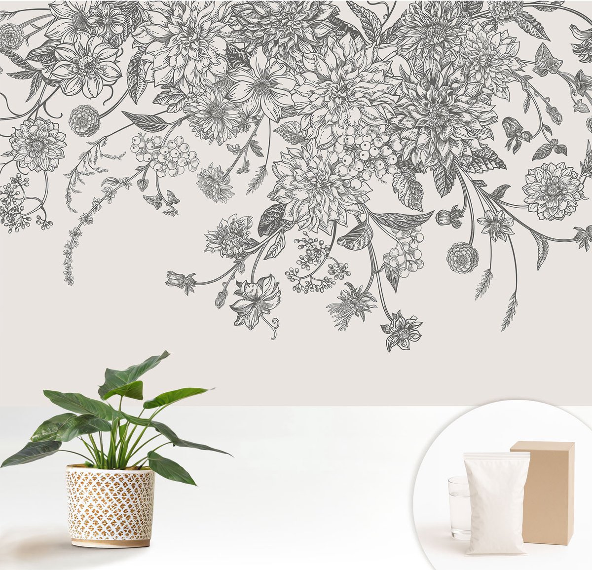 Wallfluent Fotobehang - Wit Vliesbehang - 152x104 cm - Bloemenpatroon Fotobehang Vlies - Hal behang Bloemen En Planten - Muurschildering - Woonkamer behang