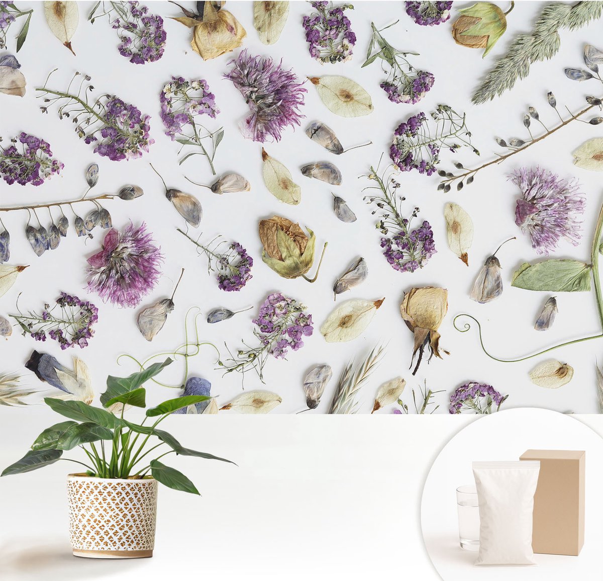Wallfluent Fotobehang - Wit Vliesbehang - 152x104 cm - Gedroogde Bloemen Muurschildering - Gang behang Bloemen En Planten - Fotobehang Vlies - Slaapkamer behang
