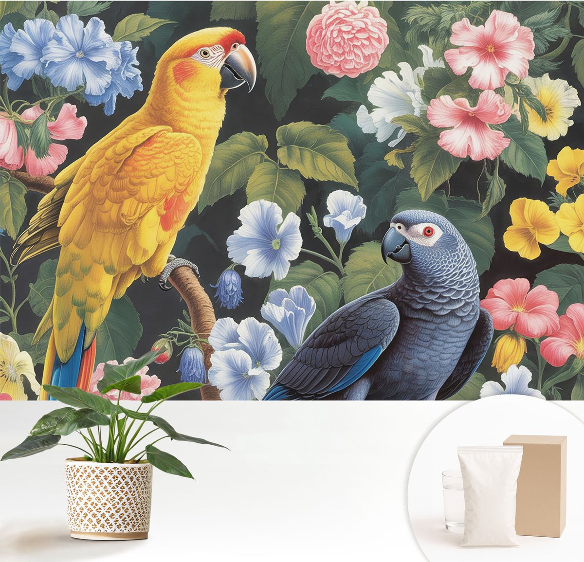Wallfluent Fotobehang - Geel Vliesbehang - 152x104 cm - Exotische Vogels Fotobehang Vlies - Hal behang Dieren - Muurschildering - Woonkamer behang