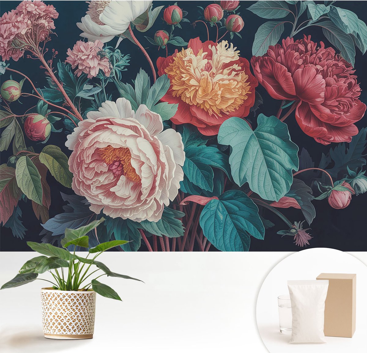 Wallfluent Fotobehang - Wit Vliesbehang - 152x104 cm - Kleurrijke Bloemen Muurschildering - Slaapkamer behang Bloemen En Planten - Fotobehang Vlies - Gang behang