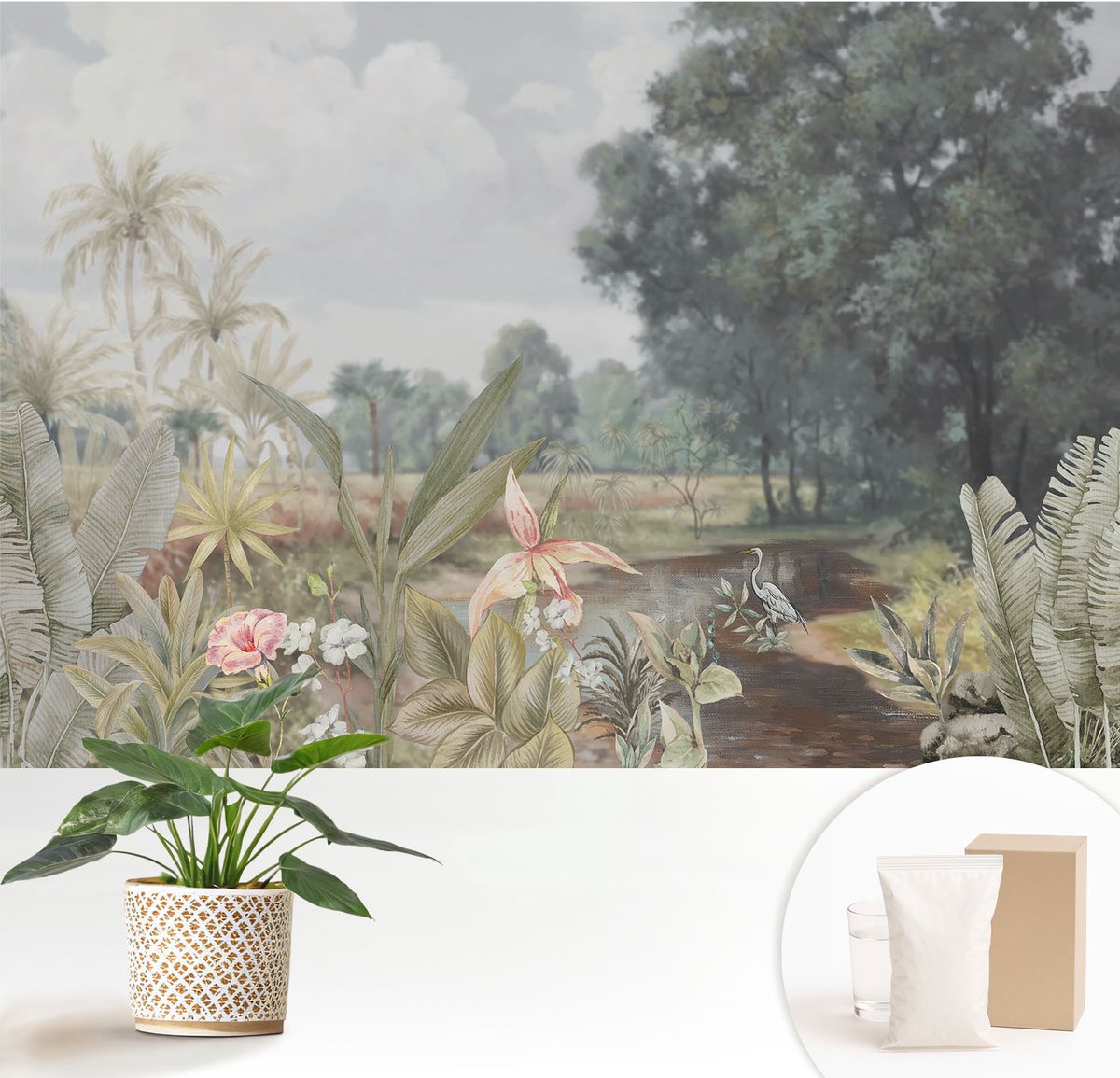 Wallfluent Fotobehang - Grijs Vliesbehang - 152x104 cm - Exotisch Landschap Muurschildering - Slaapkamer behang Bloemen En Planten - Fotobehang Vlies - Gang behang