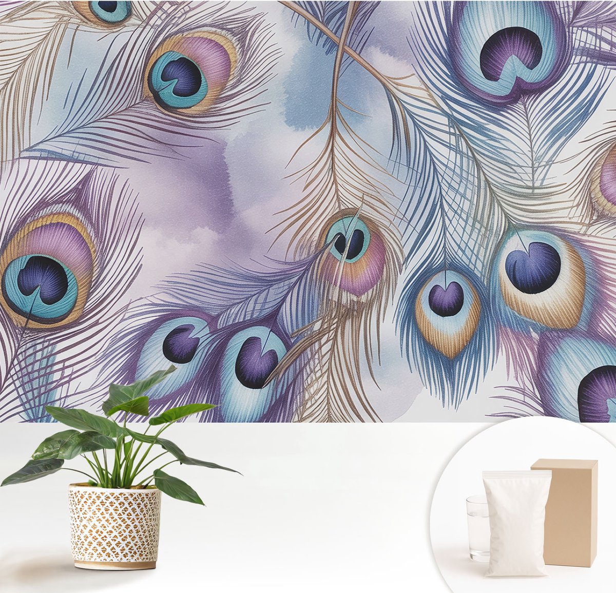 Wallfluent Fotobehang - Paars Vliesbehang - 152x104 cm - Pauwenveren Fotobehang Vlies - Hal behang Abstractie - Muurschildering - Woonkamer behang