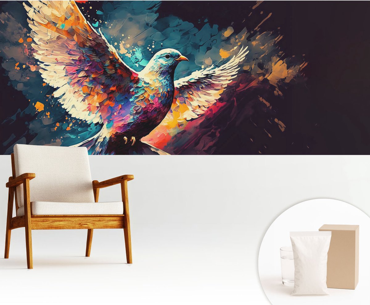 Wallfluent Fotobehang - Blauw Vliesbehang - 250x104 cm - Kleurrijke Vogel Fotobehang Vlies - Hal behang Abstractie - Muurschildering - Woonkamer behang