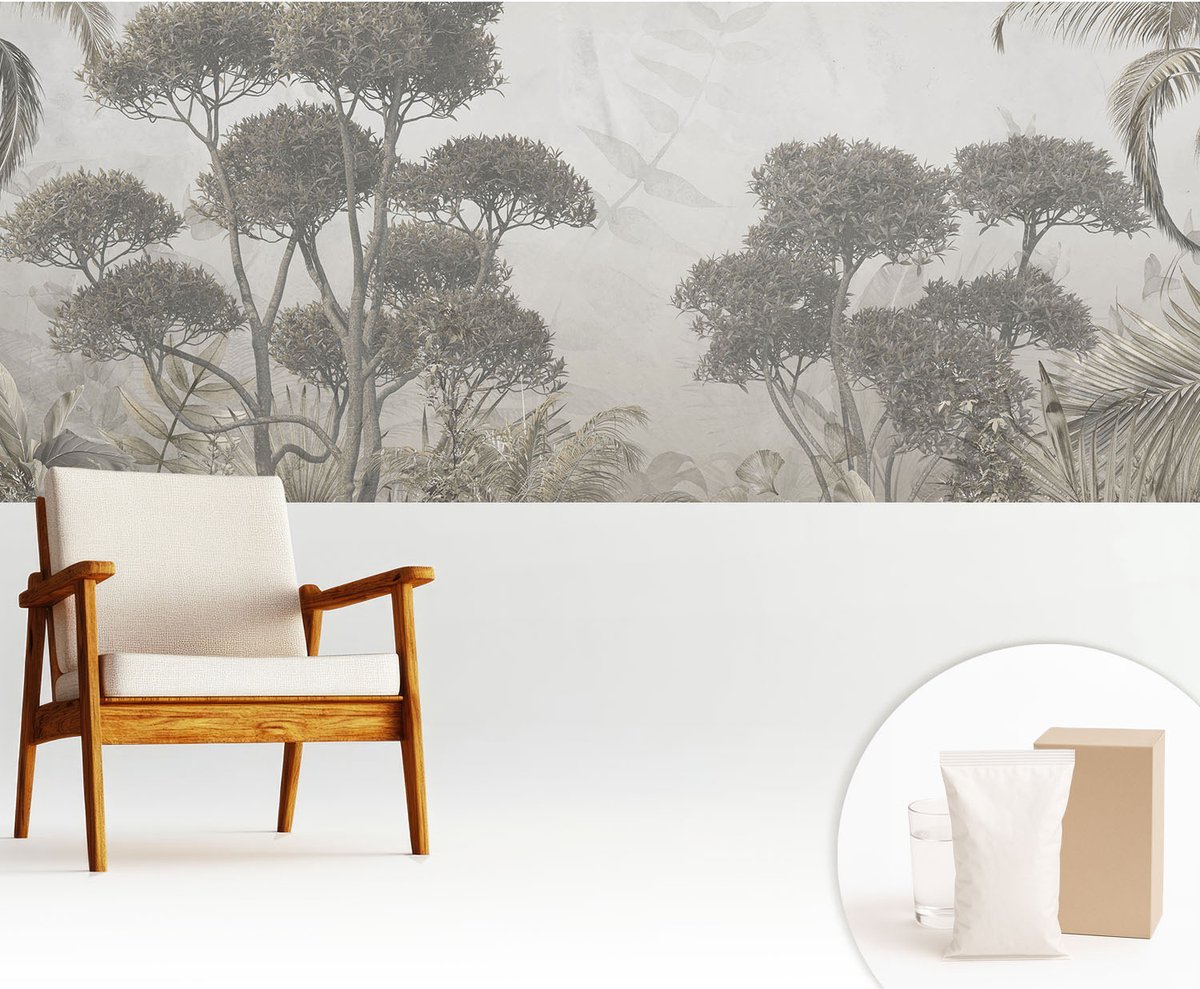 Wallfluent Fotobehang - Wit Vliesbehang - 250x104 cm - Tropische Jungle Muurschildering - Slaapkamer behang Bloemen En Planten - Fotobehang Vlies - Slaapkamer behang