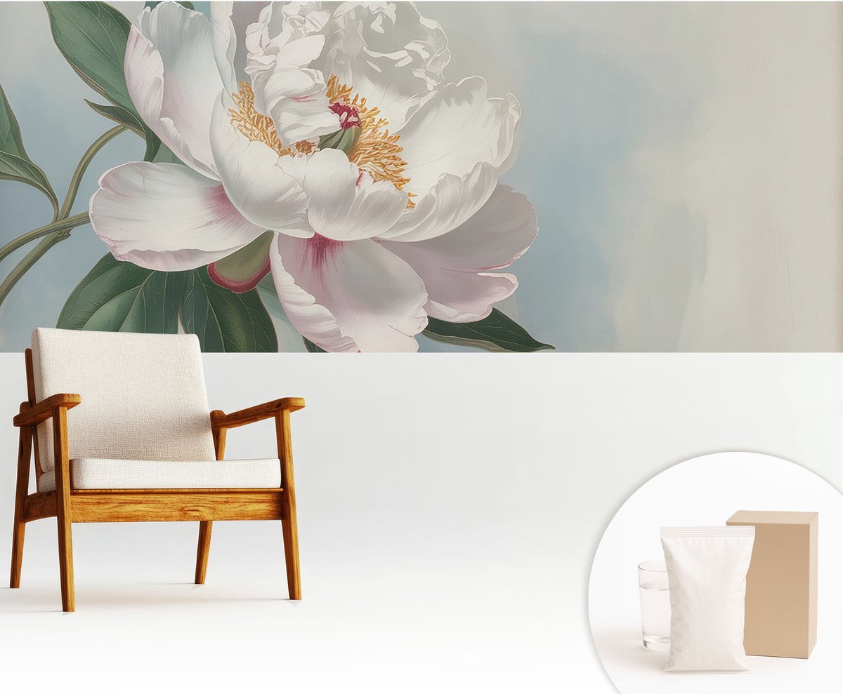 Wallfluent Fotobehang - Wit Vliesbehang - 250x104 cm - Prachtige Pioenroos Fotobehang Vlies - Hal behang Bloemen En Planten - Muurschildering - Woonkamer behang