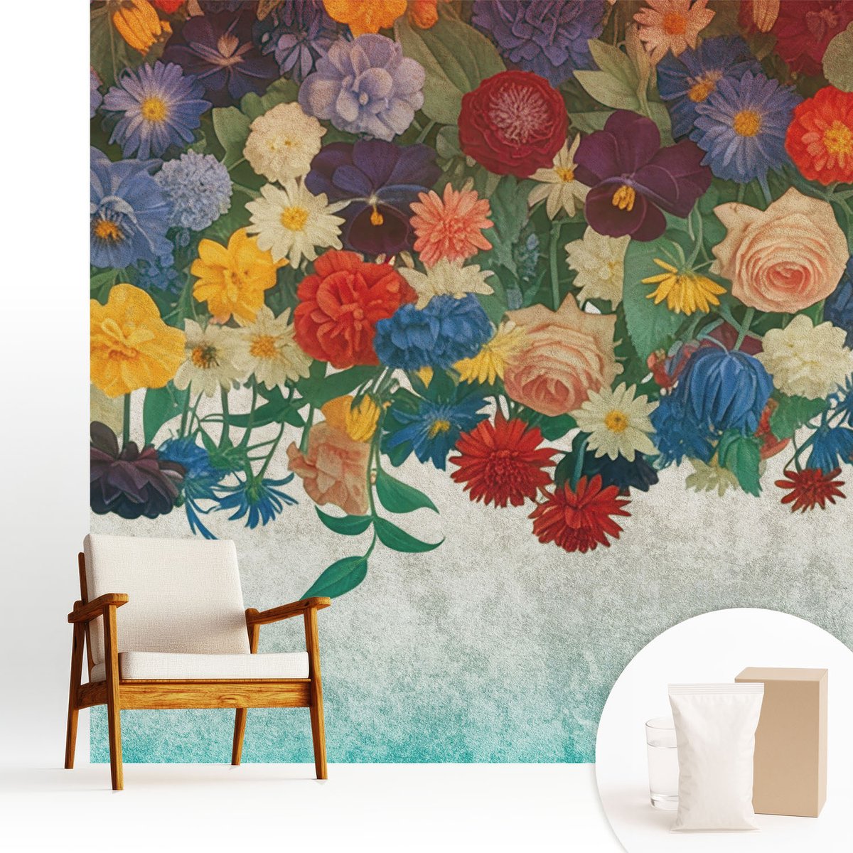 Wallfluent Fotobehang - Zwart Vliesbehang - 250x250 cm - Kleurrijke Bloemen Muurschildering - Slaapkamer behang Bloemen En Planten - Fotobehang Vlies - Slaapkamer behang
