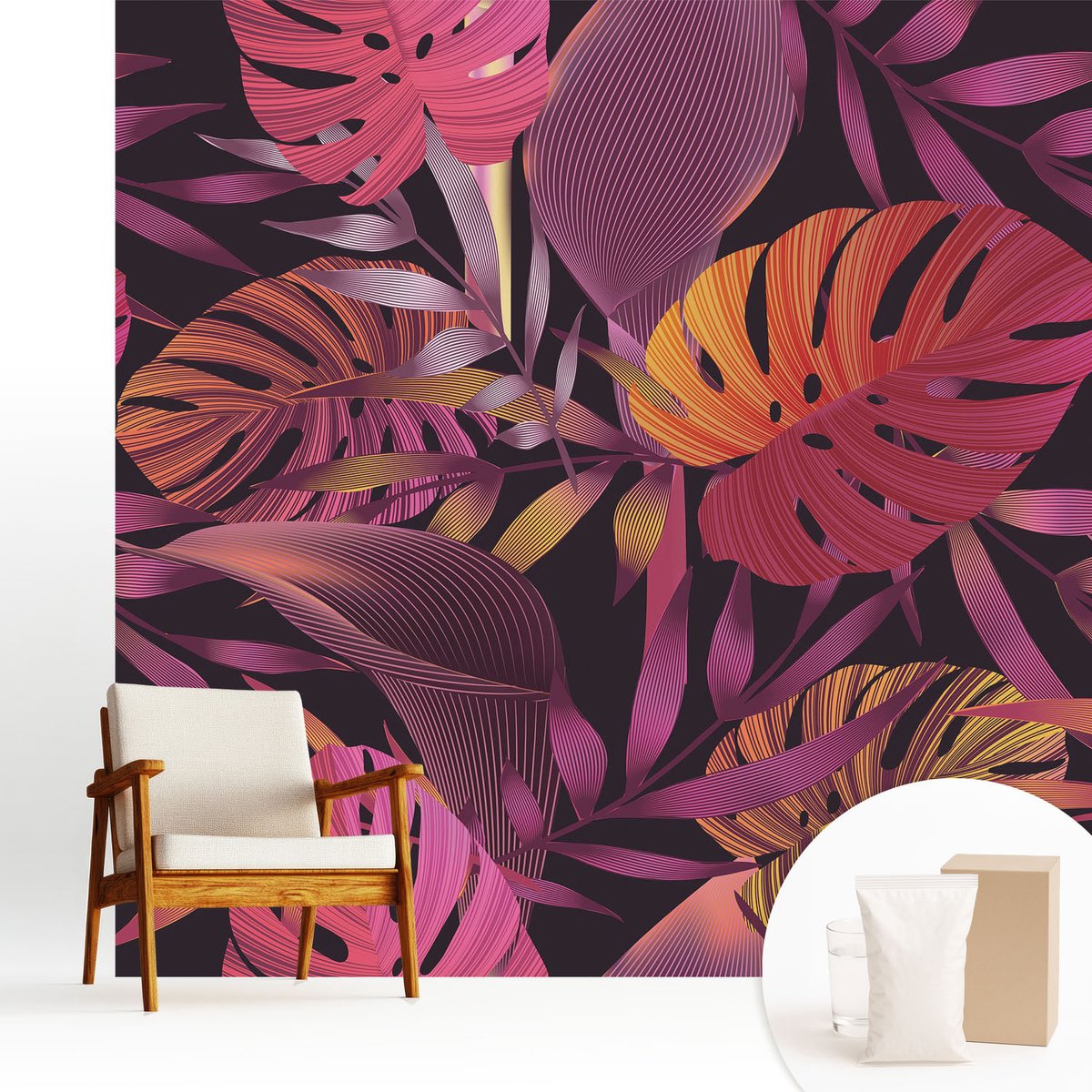 Wallfluent Fotobehang - Zwart Vliesbehang - 250x250 cm - Exotische Bladeren Fotobehang Vlies - Hal behang Bloemen En Planten - Muurschildering - Woonkamer behang
