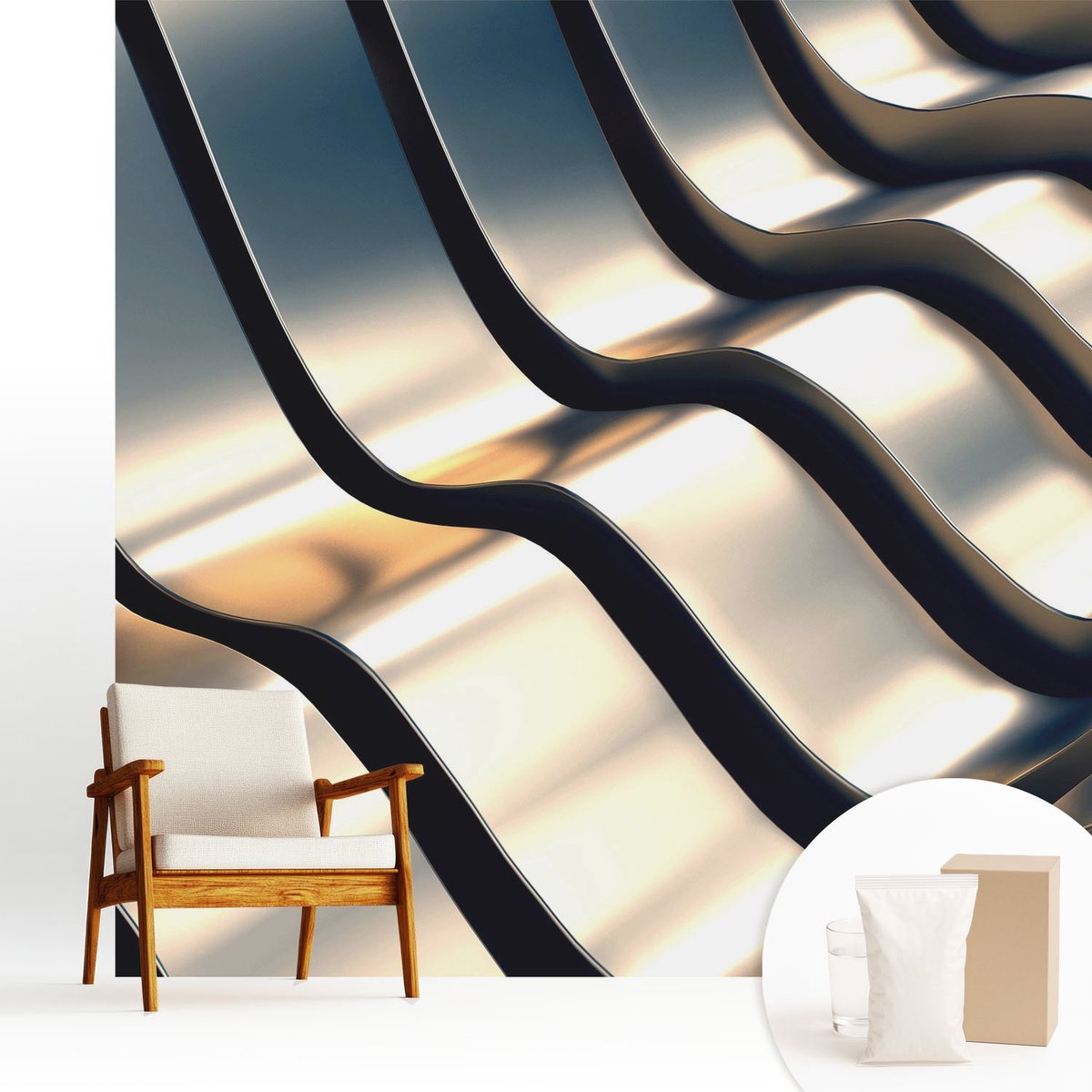 Wallfluent Fotobehang - Grijs Vliesbehang - 250x250 cm - Metalgolven Fotobehang Vlies - Woonkamer behang Geometrie - Muurschildering - Woonkamer behang