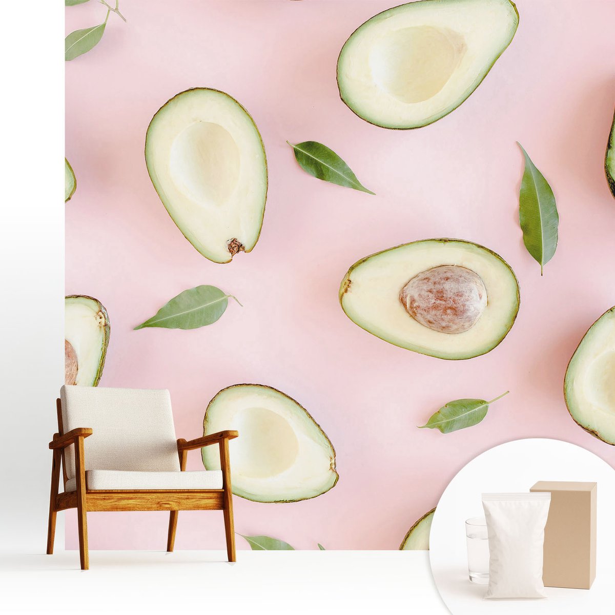 Wallfluent Fotobehang - Roze Vliesbehang - 250x250 cm - Samenstelling Van Avocado Muurschildering - Gang behang Voedsel - Fotobehang Vlies - Gang behang