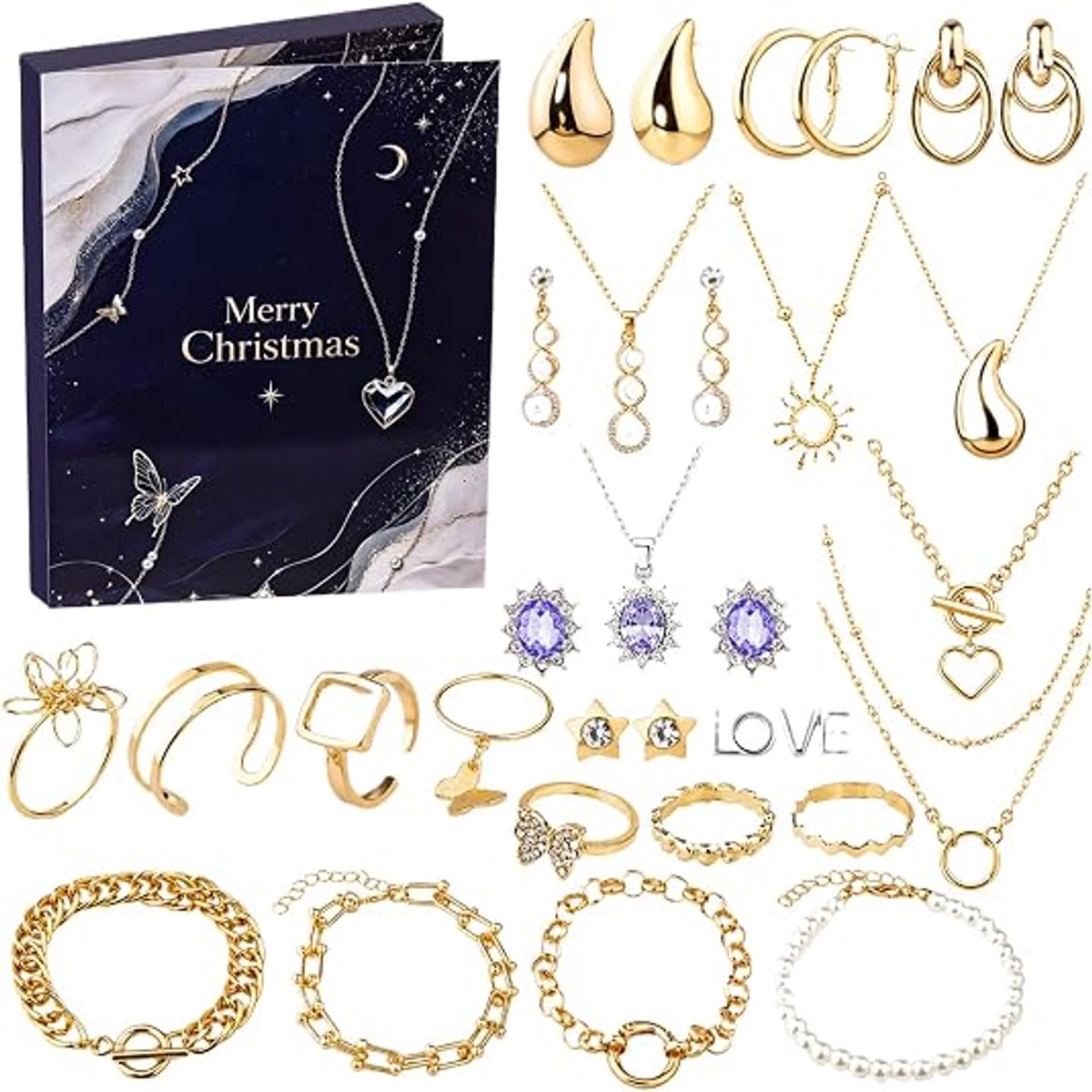 Dames sieraden adventskalender voor Kerst- 24-delige collectie met oorbellen- kettingen en ringen- geëlektroplateerde legering- nachtster thema- feestelijk accessoirecadeau voor vrouwen